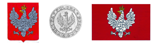 Trzy godła Drugiej Rzeczypospolitej wz. 1919: Herb Orzeł Biały, pieczęć Wielka Rzeczypospolitej i Chorągiew Rzeczypospolitej