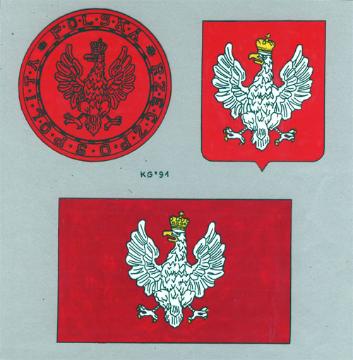 Trzy godła państwowe II Rzeczypospolitej – rekonstrukcja barwna KJG