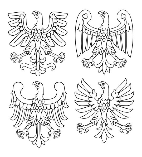 Przykładowe orły modułowe z użyciem skrzydeł i ogonów orłów z 4 herbów wojewódzkich: wielkopolskiego, śląskiego, mazowieckiego i małopolskiego.