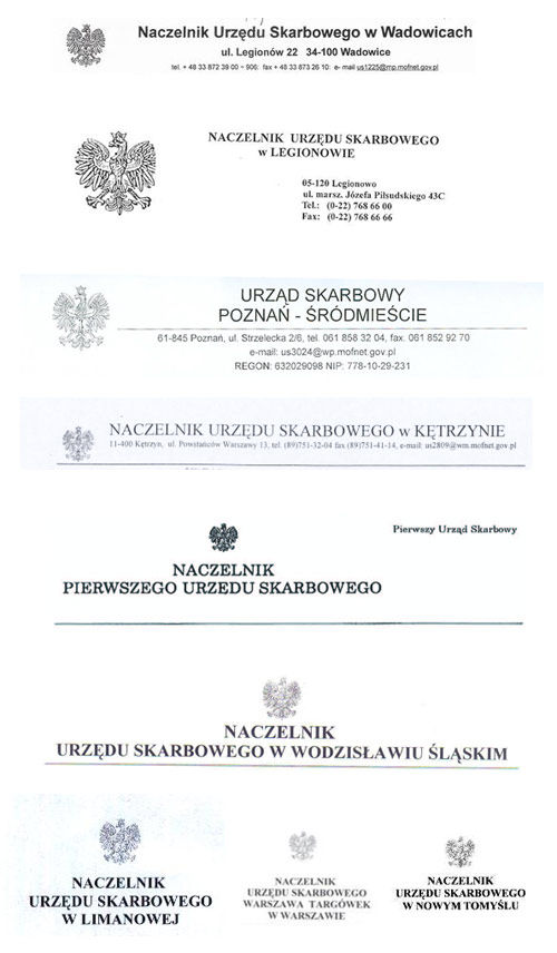 przykłady nagłówków z godłem używanych przez Urzędy Skarbowe
